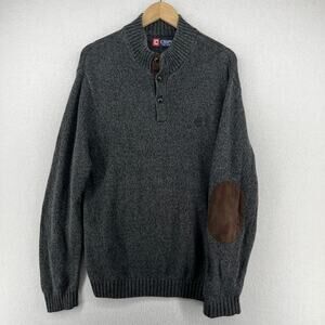 CHAPS Sweater Mens M Elbow Patch Button Mock Neck Jumper Pullover Cotton Gray